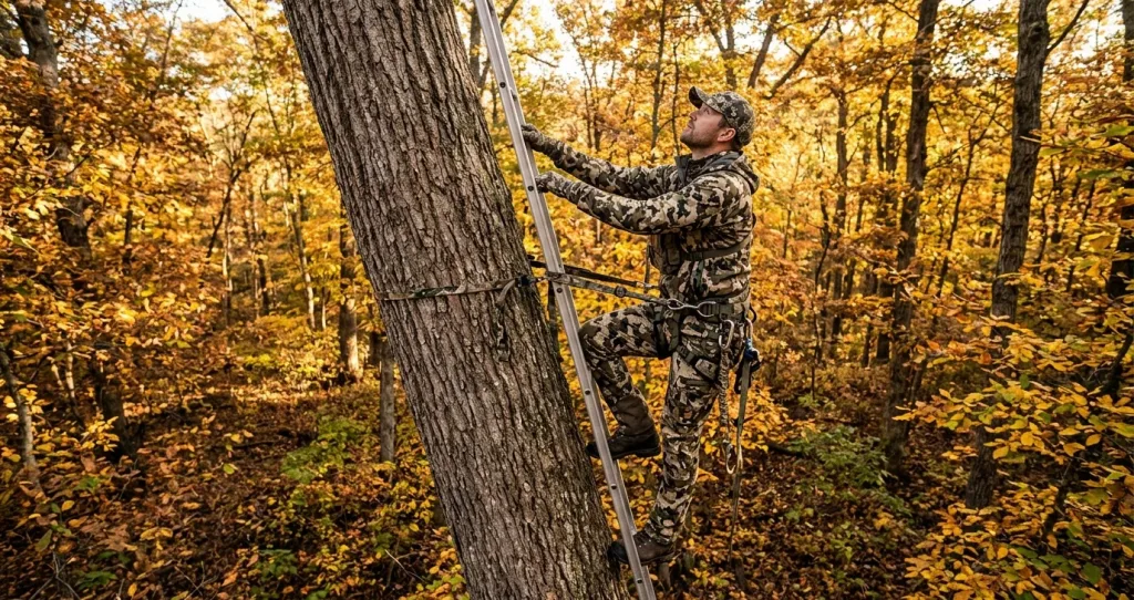 The author climbing a tree with his Tethrd One climbing sticks.
