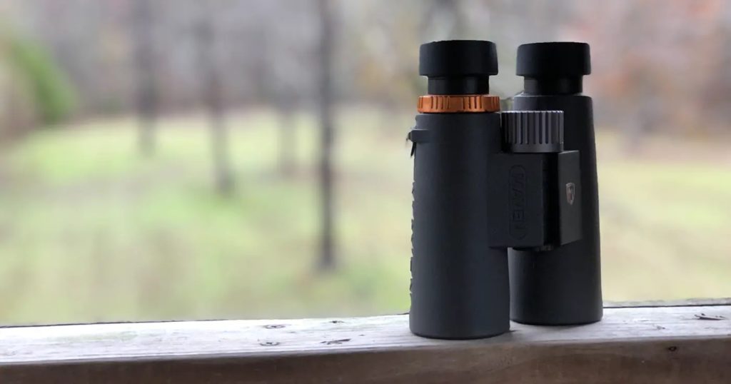 The author's binoculars sitting in the window of a hunting blind.