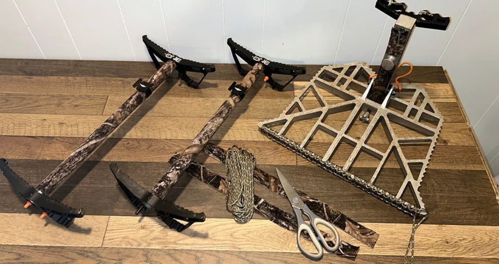 A saddle hunting platform and climbing sticks with stealth strips and paracord added to make them quieter.