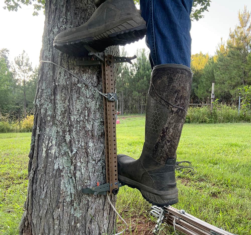 The author climbing a tree using the Tethrd Skeletor climbing sticks.
