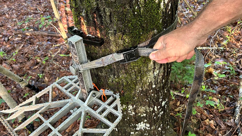 A hand tightening the strap on a Predator XL platform.